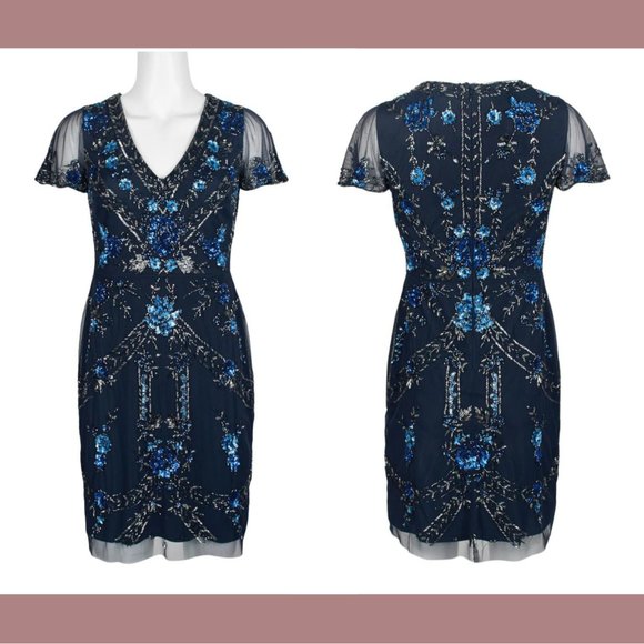 NWT $372 Aidan Mattox [ 0‎ ] Embellished V-Neck Cocktail Dress in Twilight BLUE - Picture 2 of 13